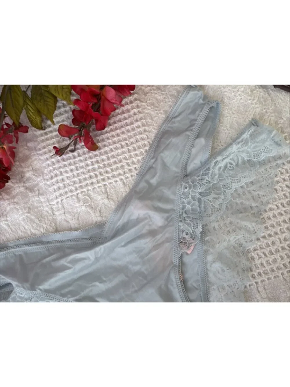 VICTORIA'S SECRET L BLUE WINGS VERY SEXY HIGH LEG CHEEKY SILKY PANTIES NWT